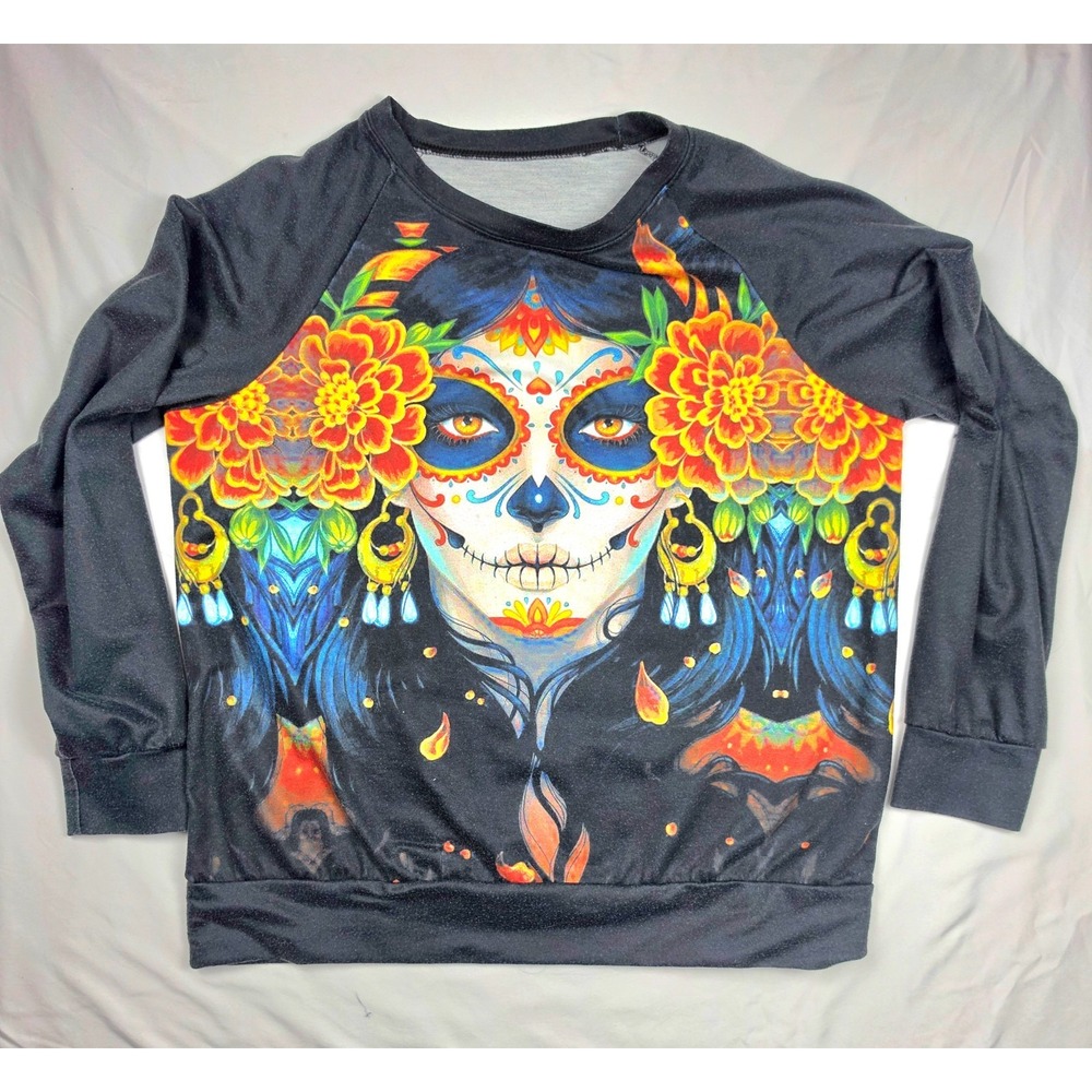 Womens XL Sugar Skull Sweatshirt Day of the Dead Floral Graphic Gothic Pullover